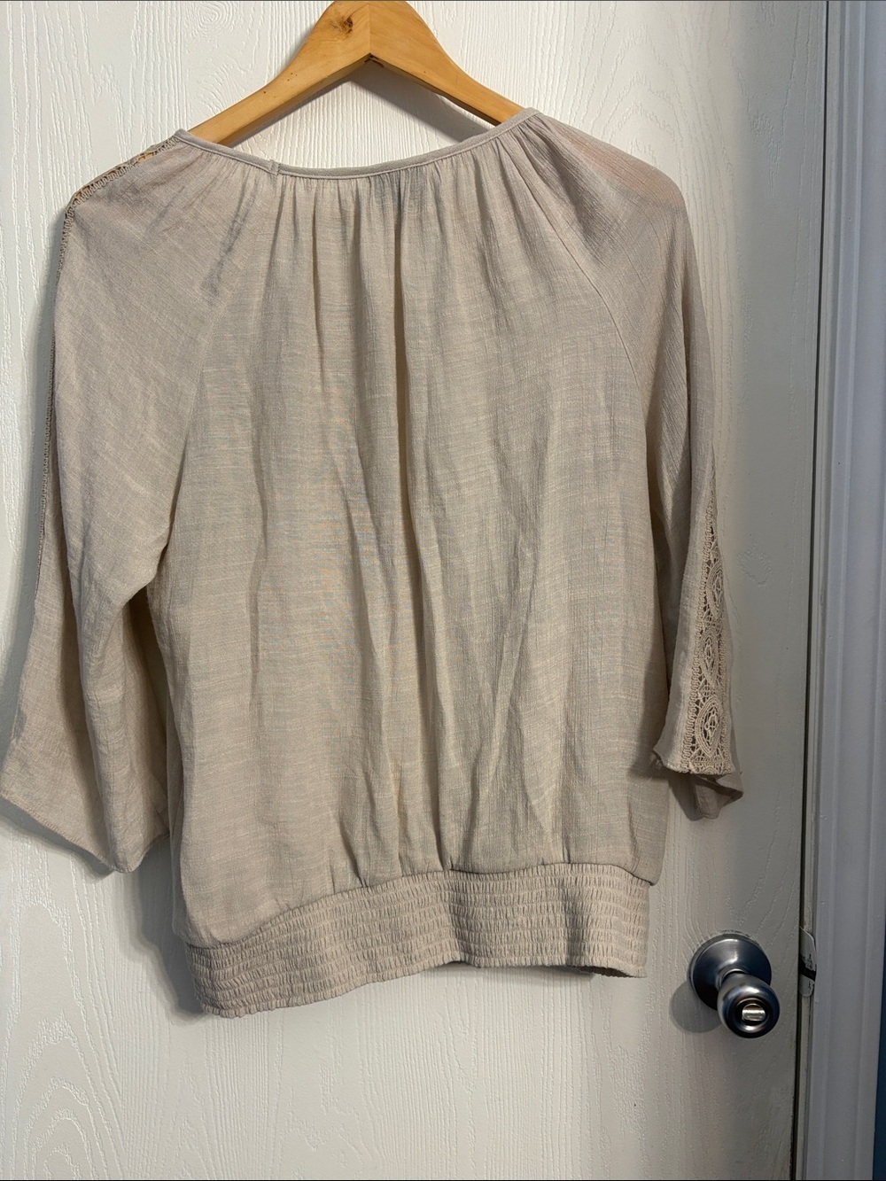 JM Collection Beige Lace-Trim Peasant Blouse - Picture 5 of 6
